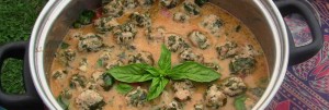 Pork and lambsquarters meatballs in coconut cream bisque